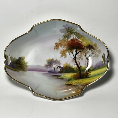 Noritake Hand Painted Cottage By The Lake Landscape Scene Relish Dish 1921-1933