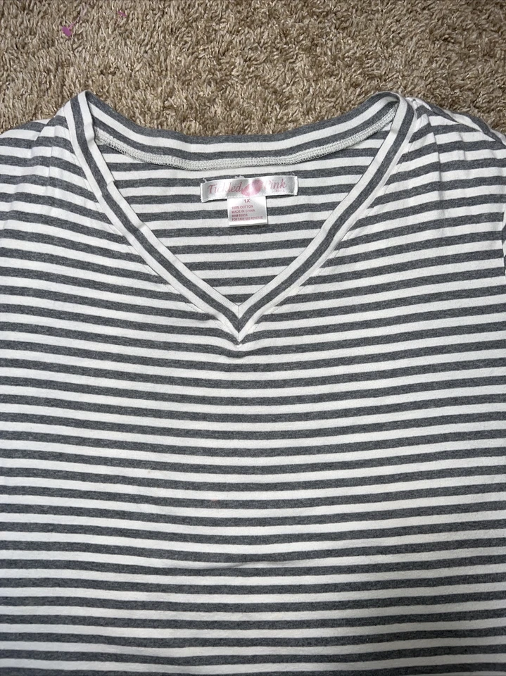 Щекотка розовый женская футболка белый серый в полоску короткий рукав плюс 1 X 100% хлопок - Изображение 2 из 2