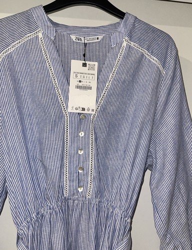 VESTIDO ZARA AZUL BLANCO RAYAS MEZCLA LINO VOLANTES CINTURÓN CON RIBETES DE ENCAJE TALLA S - Imagen 5 de 15