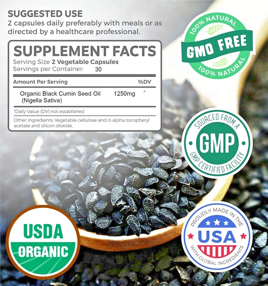 Cápsula líquida de aceite de semilla negra prensada en frío orgánica - 1250 mg, 60 geles blandos vegetales.  Foto 2 de 4