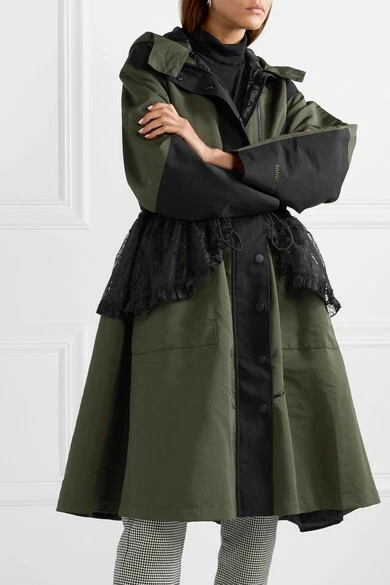 SANDY LIANG Olive Black TURNER Lace Ruffle Peplum Hooded Anorak Coat Jacket 8 40 - Image 4 of 4