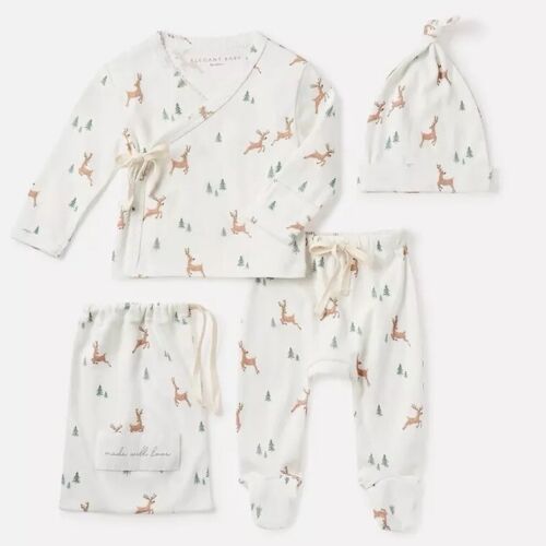Elegant Baby Organic Cotton Printed Reindeer Coming Home 4 Pc Layette Unisex NB