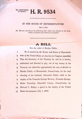 1934 US Congress Bill H.R. 9534 Relief for Martha Palitis Fatal Shooting PA