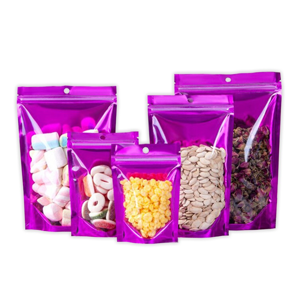 50-500 Purple Mylar Zipper Bags with Clear Window Stand Up Pouch