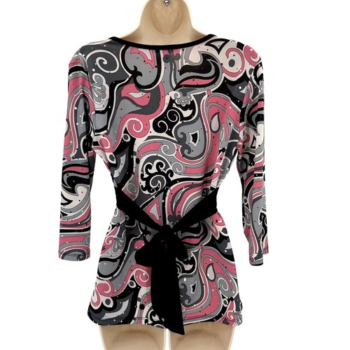 Dressbarn Damen rosa/schwarz 60er Swirl Pailletten Print Wickel vorne Strech Strick Top S - Bild 3 von 8