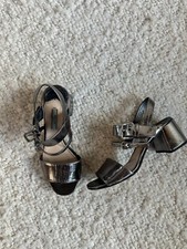 Prada Silver Metallic Leather Strappy Block Heel Sandals Size 38