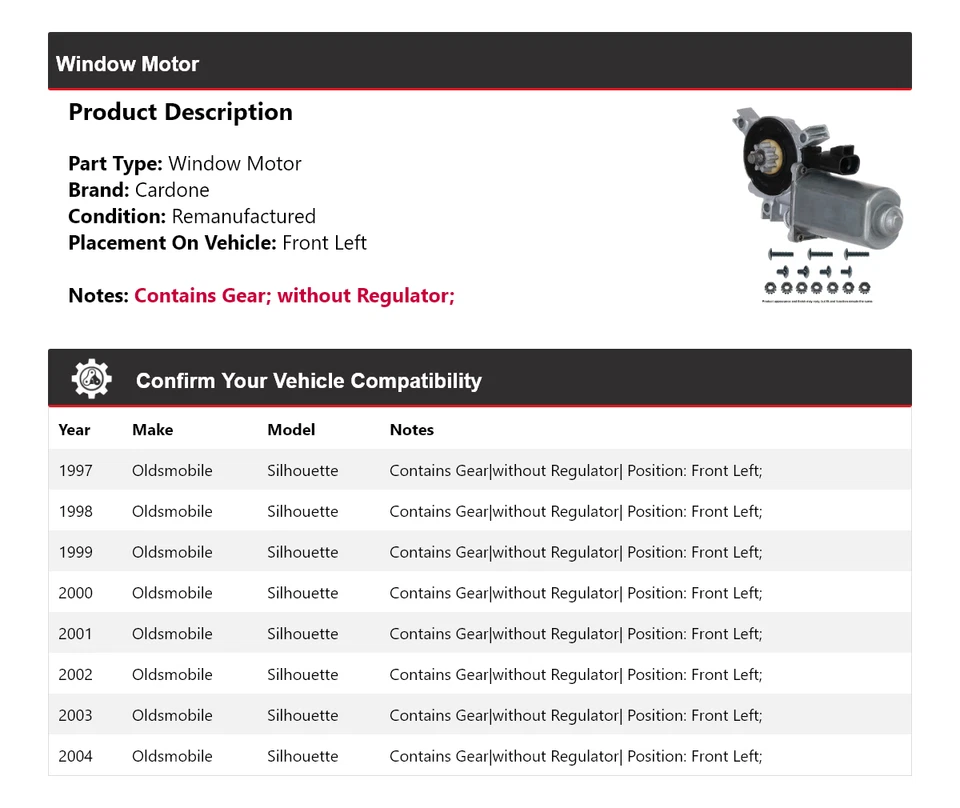 Para 1997-2004 Oldsmobile Silhouette motor de janela dianteiro esquerdo Cardone 1998 1999 - Imagem 2 de 4