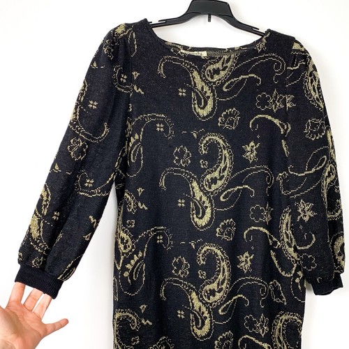70s/80s metallic paisley sweater dress by Goody black & gold knit vintage medium - Picture 5 of 5