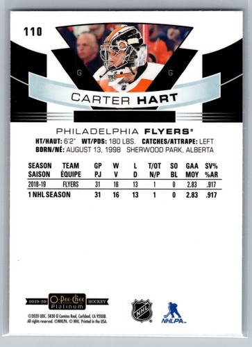 2019-20 O-Pee-Chee Platinum #110 Carter Hart Philadelphia Flyers - Picture 2 of 2