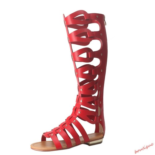 Women Gladiator Roman Hollow Out Flat Sandals Knee High Boots Open Toe Zip Shoes - Picture 14 of 19