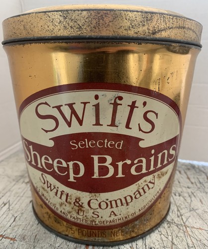 VINTAGE SWIFT'S SHEEP BRAINS ADVERTISING TIN CAN 5 POUNDS