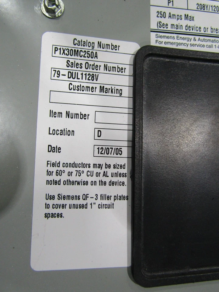 💥SIEMENS 250 AMP MAX MAIN LUG PANELBOARD 208Y/120V 30 CIRCUIT 3Ø 4W P1X30MC250A - Image 3 of 4