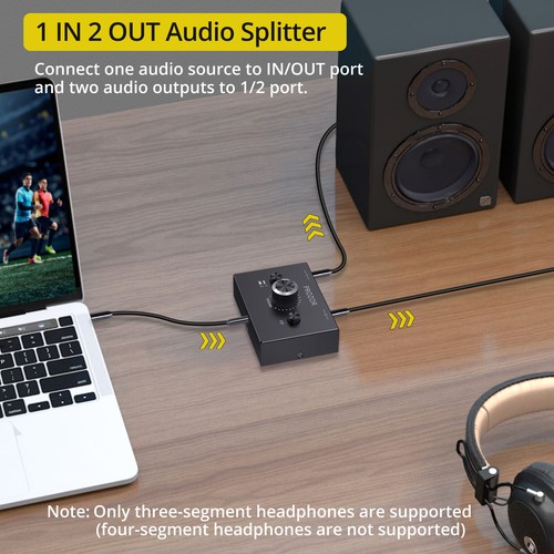 3.5mm Stereo Audio Switch Bi-Directional Splitter 2 x 1/1 x 2 with Mute Button - Picture 3 of 12