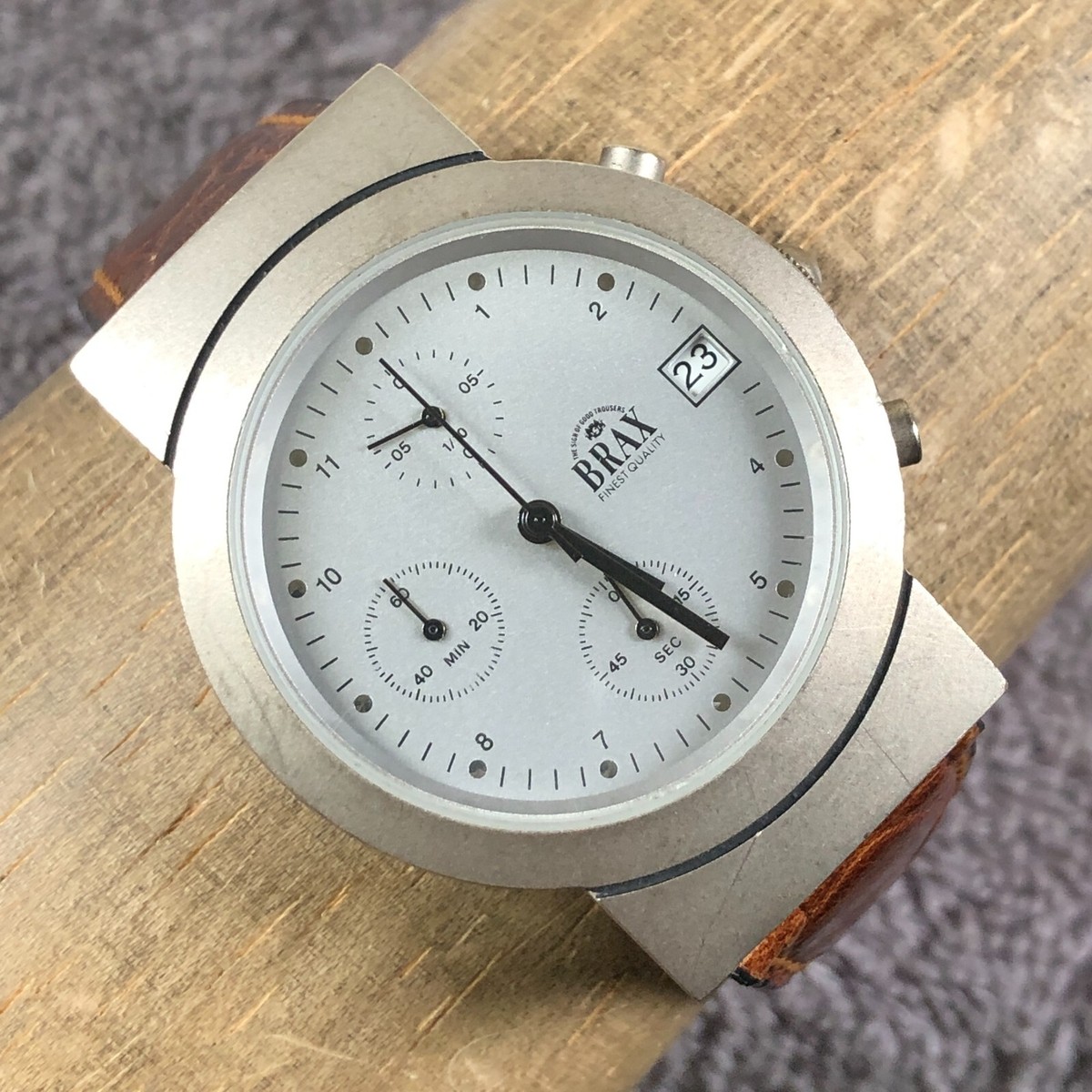 Brax Men Minimalist Chronograph Date Brown Leather 36mm Quartz