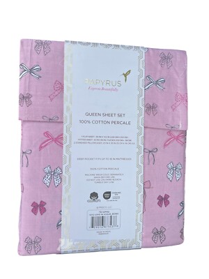 Papyrus Pink Hearts Bows QUEEN Sheet Set 4 Piece Bed Linens Polka Dots Holiday