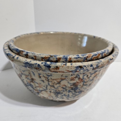 Set of 2 Antique Spongeware Paneled Mixing Bowls Nesting 10" + 9" Brown/Blue - Picture 3 of 13