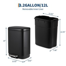 Bathroom Trash Bin with Lid, 3.2 Gallon Stainless Steel Kitchen Trash Can Black