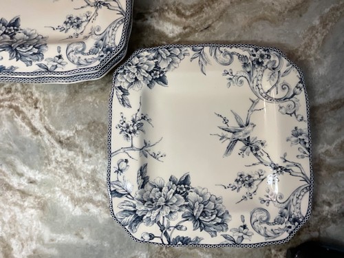 Adelaide Blue Square Dinner Plates Flower, Bird Design 222 Fifth 11 in Set/4 New - Picture 6 of 16