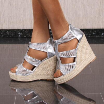 Damen Keilsandaletten Wedges Lack-Optik Bastabsatz Silber #B680L-SP