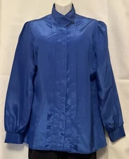Royal Blue Vintage Laura Mae Satin Blouse Size 10 Puff Long Sleeve Needs Button