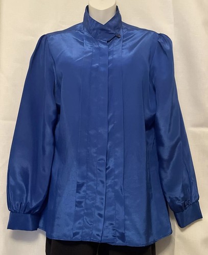 Royal Blue Vintage Laura Mae Satin Blouse Size 10 Puff Long Sleeve Needs Button - 第 1/8 張圖片
