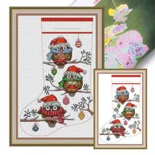 JOY SUNDAY STAMPED.CROSS STITCH KIT "CHRISTMAS STOCKING - OWL" NIP