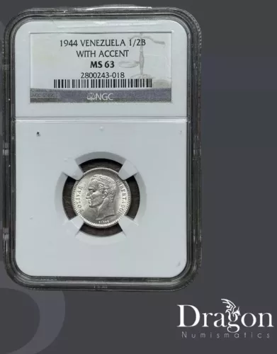 Venezuela 1/2 Bolivar 1944 WITH ACCENT NGC MS 63 SILVER COIN WII VERY SCARCE 🐉