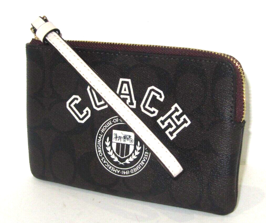 Coach CB855 Corner Zip Wristlet Brown Signature Canvas Varsity 