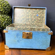 Vintage Antique Child's BLUE Wood Doll Chest Trunk Box Brass corners and Catch 
