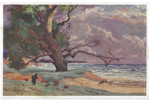 Alte Künstler-AK v. ca. 1921, Gemälde, "Fritz Reuter", Landschaft, Meer, Baum,