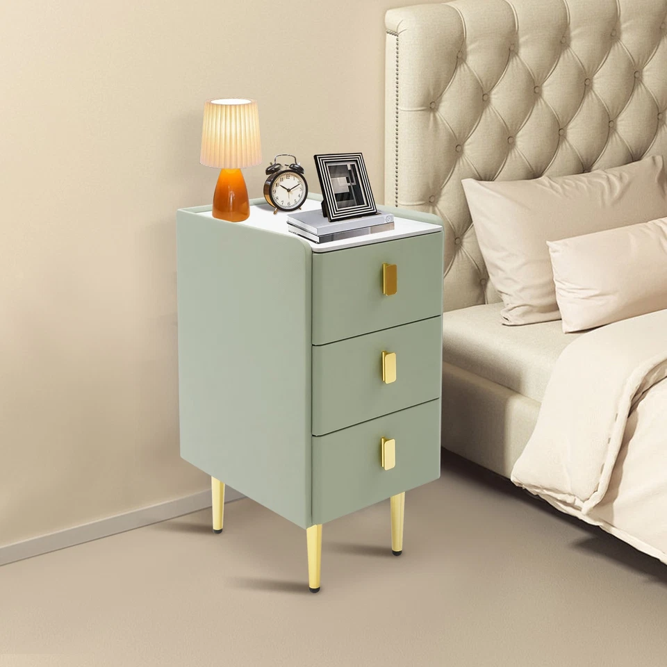 Mesita de noche - Mesita de noche estrecha de 3 cajones, losa de roca y cuero, verde/dorado Foto 4 de 4