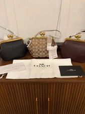 Coach Kisslock Frame Bag 16 in Brass/Black Currant, Black + Jacquard NWT w/ dust