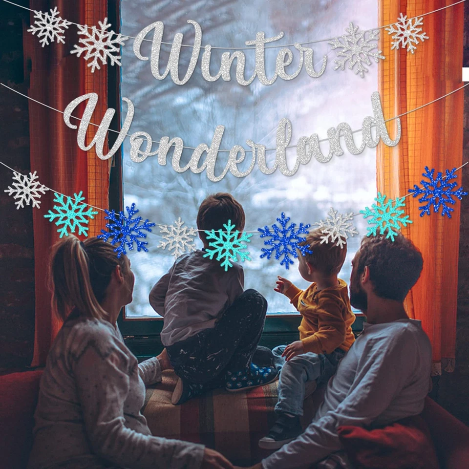 3Pcs зимняя страна чудес баннеры, блестящий снежинка баннер Рождественский декор... - Изображение 2 из 4