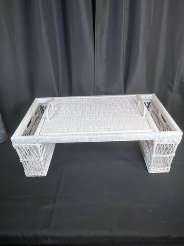 Vintage White Wicker Bed Breakfast Tray Table Magazine Pockets Removable Tray - Picture 2 of 16