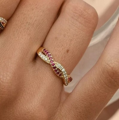Twisted Wedding Band Ring Simulated Ruby / Diamond 14K Yellow Gold  Finish