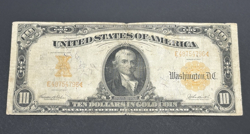 1907 $10 Gold Certificate LARGE Note US Bill LOW Shipping!!!