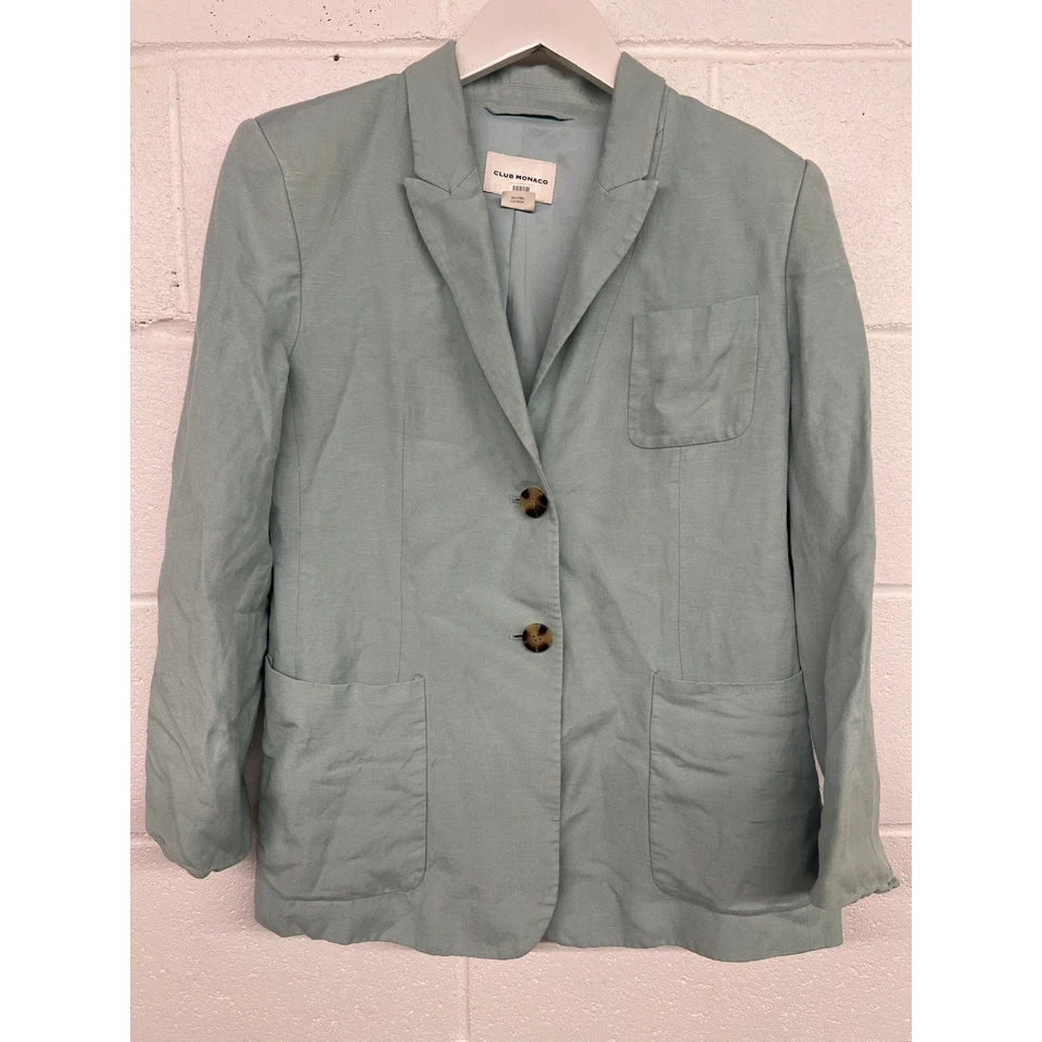 Club Monaco Sz 0 Xs Blaugrün Leinen Mischung Patch Tasche Zwei Knöpfe Jacke - Bild 3 von 4