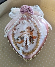 Vintage Heart Shaped Glass Victorian Ornament with Angel -Pink, pearls, lace
