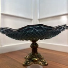 Carnival Glass Iridescent Diamond Pattern Ruffled 10" Brass Footed Bowl
