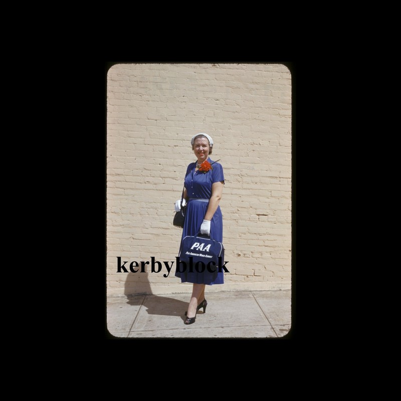 2 Vintage 1950s Kodachrome Photo Slides Woman in Blue Dress Pan Am Bag Girl PAA