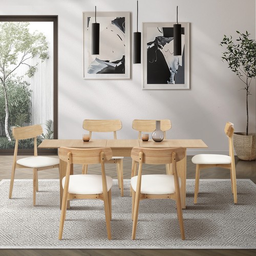 Oikiture 200cm Extendable Dining Table with 6x Dining Chairs PU Leather Natural - Picture 2 of 10