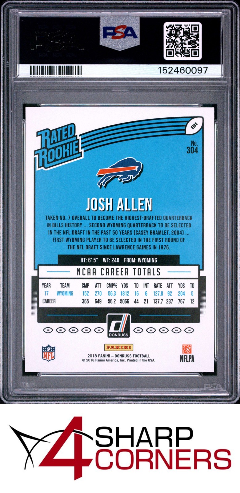 2018 PANINI DONRUSS #304 JOSH ALLEN RC RATED ROOKIE BILLS PSA 10 view 2