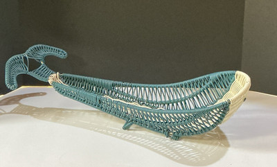 Blue White Nautical Whale Shaped Plastic Wicker Basket Home Beach Table Decor
