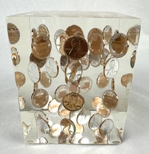 Vintage Lucite Penny Cube Paperweight 1974 Pennies 3.5"x3.5"x4.5"Tall, Free Ship