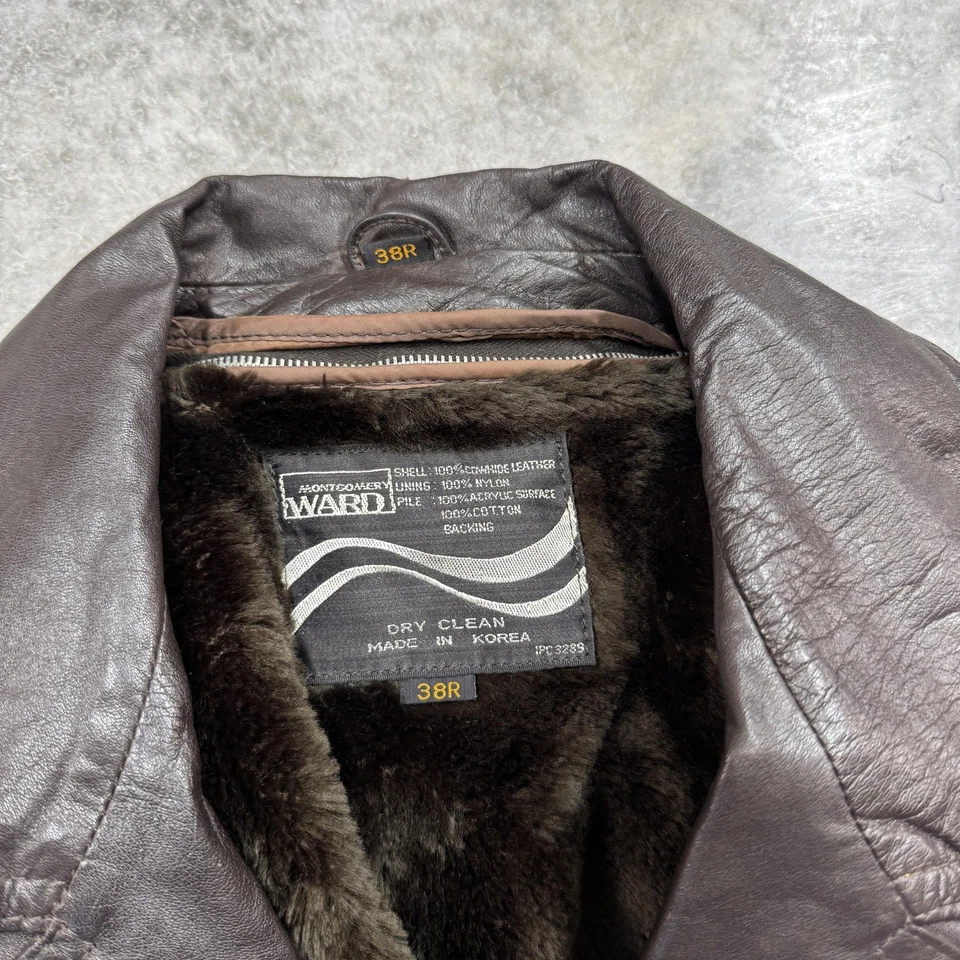 Chaqueta de campo de cuero Montgomery Ward vintage para hombre 38R marrón forrada de piel sintética años 90 Foto 3 de 4