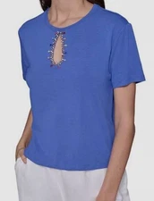 KARL LAGERFELD PARIS Women's Blue Cutout Embellished T-Shirt Size L