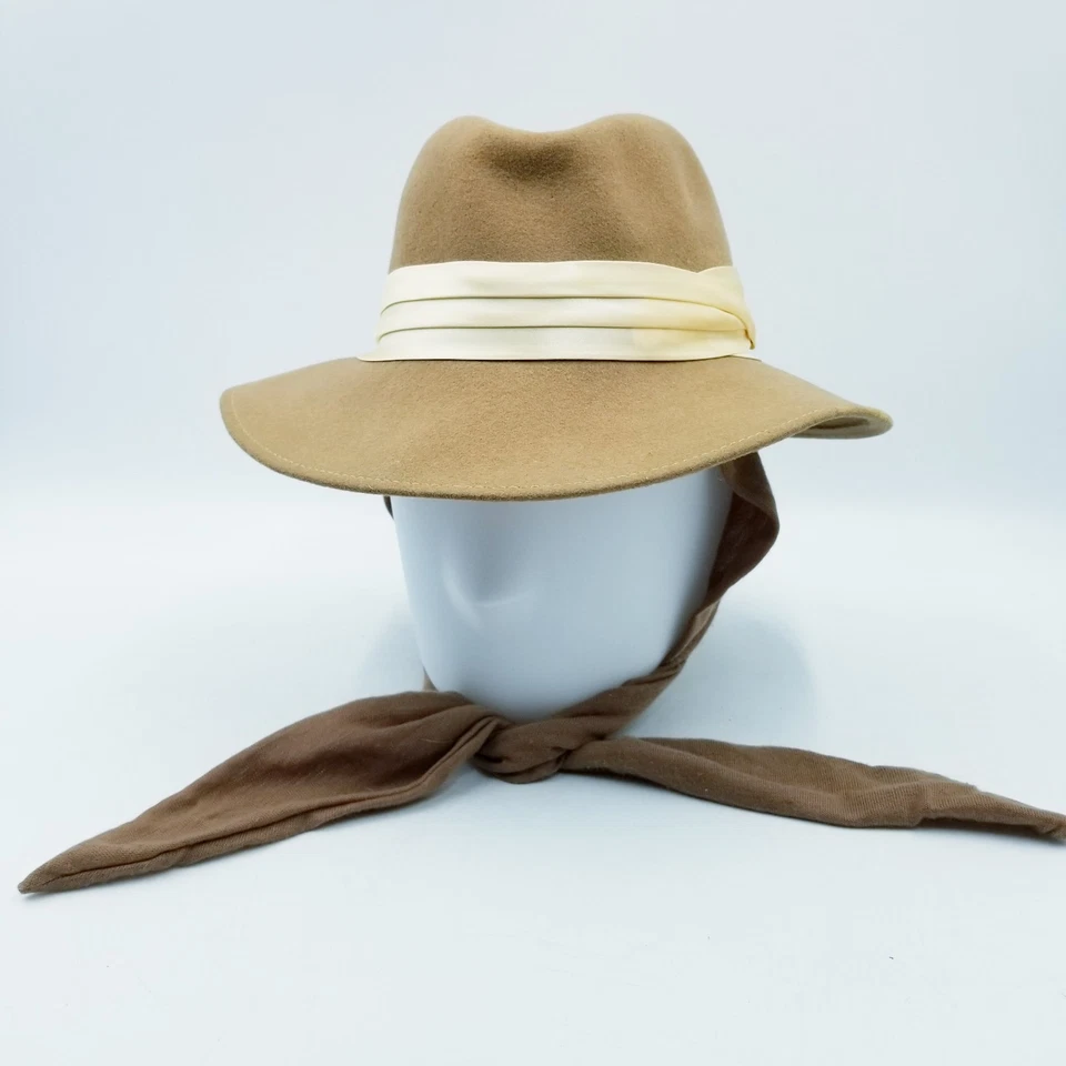 VTG Doeskin 100% Wool Beige Fedora Women's Felt Hat Attached Scarf Size Large - Image 2 of 4