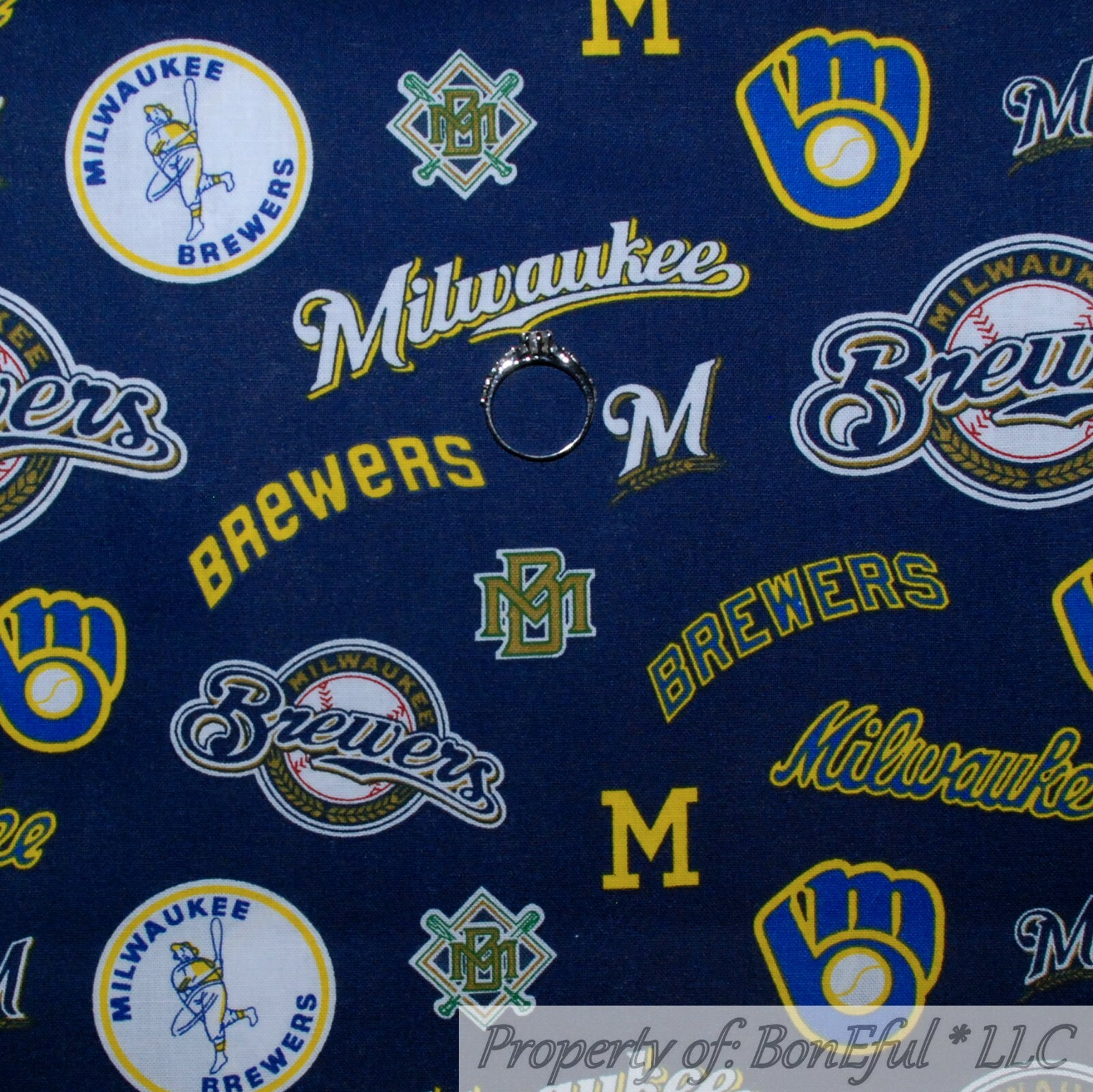 BonEful FABRIC FQ Cotton Quilt Navy Blue White Gold Kansas City Royals MLB USA L