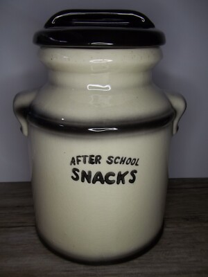 vintage American Bisque cookie jar shaped like milk with bell in lid MCM     Z55