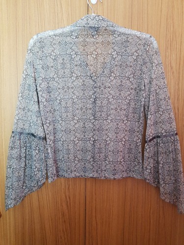 Mexx Floral Grey Brown Blue Semi Sheer Shirt With Long Frill Sleeve Shirt Size M - Picture 2 of 12